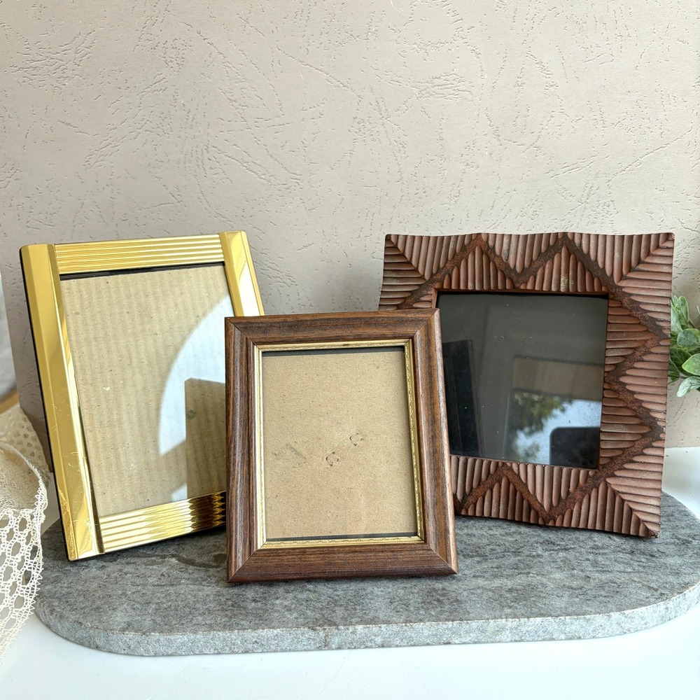 Vintage Picture Frame Set Gold Metal Wood Pier 1 Carved Textured 3 Piece Bundle